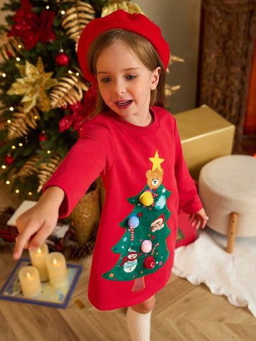 Christmas 2pcs/Set Girls' Holiday Loose Casual Long Sleeve Dress, Christmas Tree Print With Fluffy Ball Decor, Blue And Red Combo, Suitable For Autumn/Winter