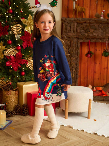 Christmas 2pcs/Set Girls' Holiday Loose Casual Long Sleeve Dress, Christmas Tree Print With Fluffy Ball Decor, Blue And Red Combo, Suitable For Autumn/Winter