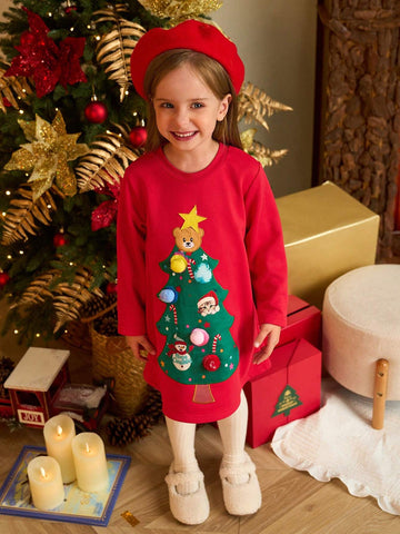 Christmas 2pcs/Set Girls' Holiday Loose Casual Long Sleeve Dress, Christmas Tree Print With Fluffy Ball Decor, Blue And Red Combo, Suitable For Autumn/Winter
