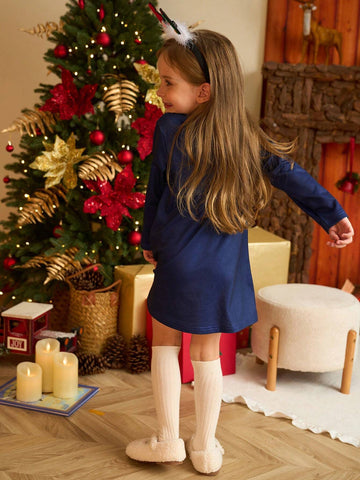 Christmas 2pcs/Set Girls' Holiday Loose Casual Long Sleeve Dress, Christmas Tree Print With Fluffy Ball Decor, Blue And Red Combo, Suitable For Autumn/Winter