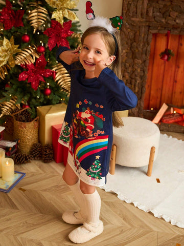 Christmas 2pcs/Set Girls' Holiday Loose Casual Long Sleeve Dress, Christmas Tree Print With Fluffy Ball Decor, Blue And Red Combo, Suitable For Autumn/Winter