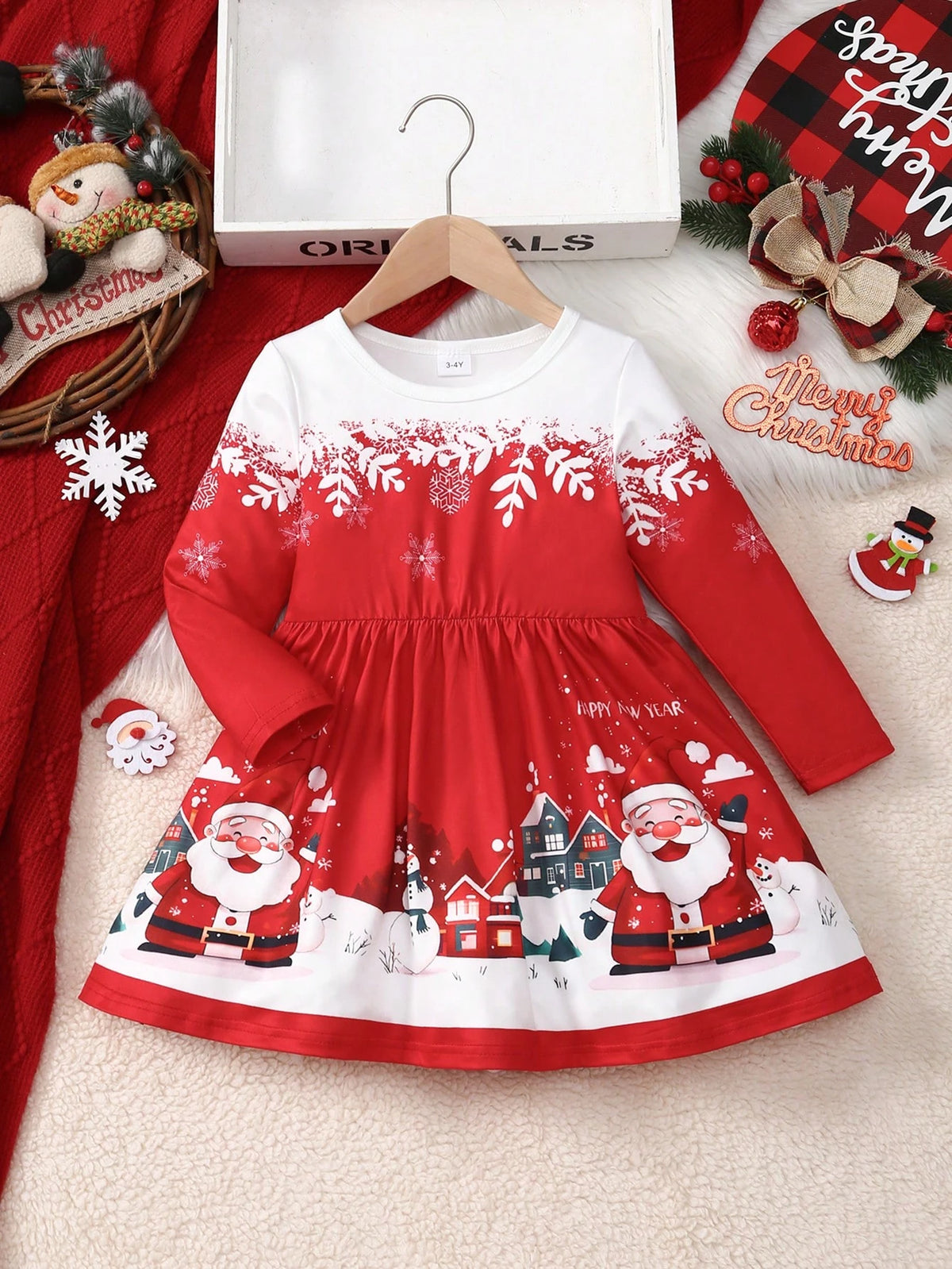Christmas Baby Girls Round Neck Long Sleeve Snowflake Santa Claus Snowman All Over Print Dress