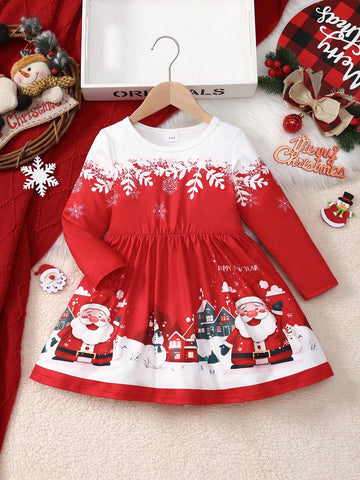 Christmas Baby Girls Round Neck Long Sleeve Snowflake Santa Claus Snowman All Over Print Dress