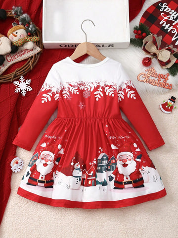 Christmas Baby Girls Round Neck Long Sleeve Snowflake Santa Claus Snowman All Over Print Dress