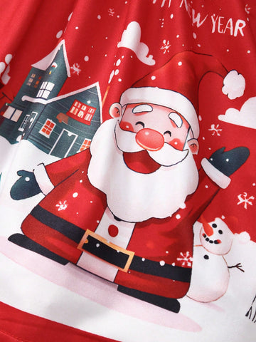 Christmas Baby Girls Round Neck Long Sleeve Snowflake Santa Claus Snowman All Over Print Dress