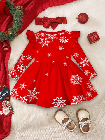 Christmas Cartoon Snowman, Reindeer, Christmas Tree & Snowflake Print Red Festive Sweet Cartoon Long Sleeve Girls Christmas Dress