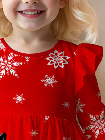 Christmas Cartoon Snowman, Reindeer, Christmas Tree & Snowflake Print Red Festive Sweet Cartoon Long Sleeve Girls Christmas Dress