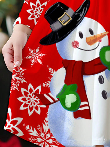 Christmas Cartoon Snowman, Reindeer, Christmas Tree & Snowflake Print Red Festive Sweet Cartoon Long Sleeve Girls Christmas Dress