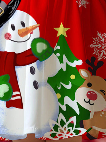 Christmas Cartoon Snowman, Reindeer, Christmas Tree & Snowflake Print Red Festive Sweet Cartoon Long Sleeve Girls Christmas Dress