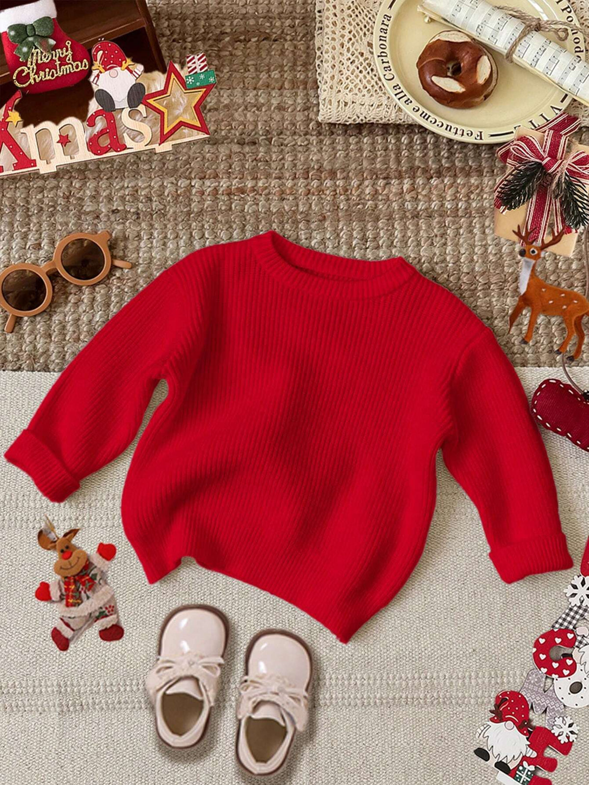 Christmas, Christmas Red, Young Girl Casual Minimalist Loose Fit Crew Neck Long Sleeve Sweater, Suitable For Autumn & Winter