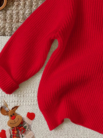 Christmas, Christmas Red, Young Girl Casual Minimalist Loose Fit Crew Neck Long Sleeve Sweater, Suitable For Autumn & Winter