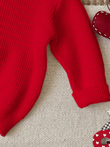 Christmas, Christmas Red, Young Girl Casual Minimalist Loose Fit Crew Neck Long Sleeve Sweater, Suitable For Autumn & Winter