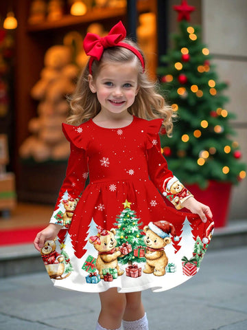 Christmas Cute Bear & Christmas Tree Gifting, Young Girl Fashion Long Sleeve Flounce Hem Dress, Suitable For Autumn/Winter
