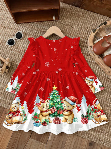 Christmas Cute Bear & Christmas Tree Gifting, Young Girl Fashion Long Sleeve Flounce Hem Dress, Suitable For Autumn/Winter
