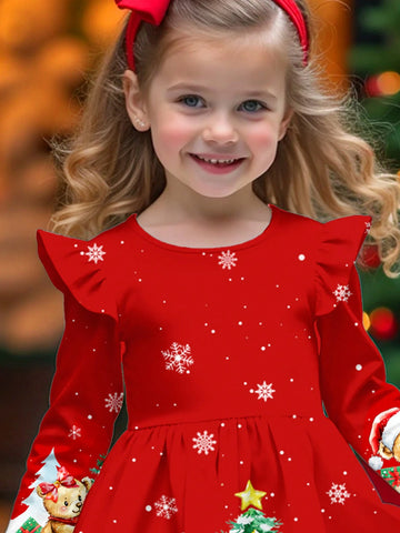 Christmas Cute Bear & Christmas Tree Gifting, Young Girl Fashion Long Sleeve Flounce Hem Dress, Suitable For Autumn/Winter