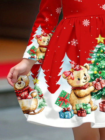 Christmas Cute Bear & Christmas Tree Gifting, Young Girl Fashion Long Sleeve Flounce Hem Dress, Suitable For Autumn/Winter