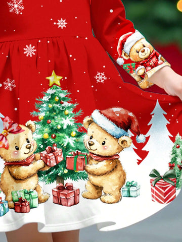 Christmas Cute Bear & Christmas Tree Gifting, Young Girl Fashion Long Sleeve Flounce Hem Dress, Suitable For Autumn/Winter