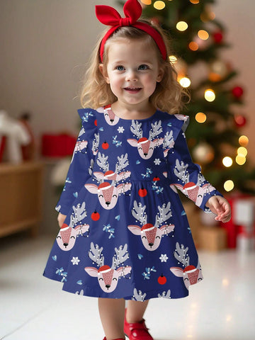 Christmas, Cute Deer, Young Girl Casual Sweet Christmas Printed Fashionable Thick Long Sleeve Dress, Suitable For Autumn & Winter
