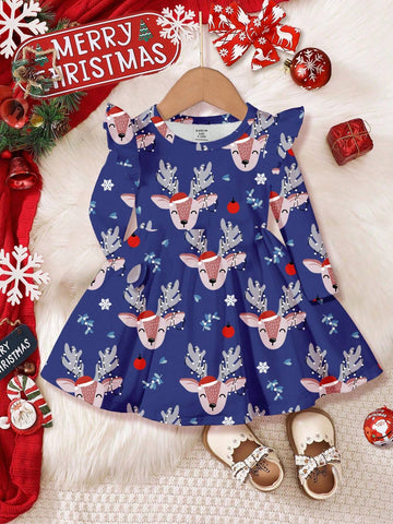 Christmas, Cute Deer, Young Girl Casual Sweet Christmas Printed Fashionable Thick Long Sleeve Dress, Suitable For Autumn & Winter