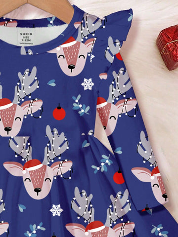 Christmas, Cute Deer, Young Girl Casual Sweet Christmas Printed Fashionable Thick Long Sleeve Dress, Suitable For Autumn & Winter