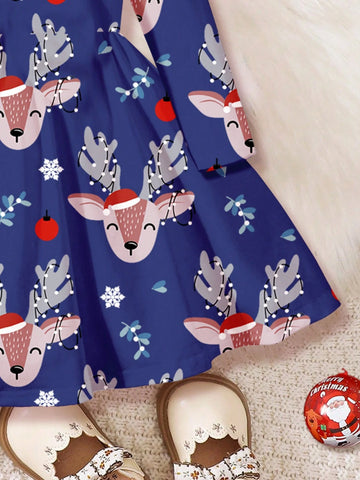 Christmas, Cute Deer, Young Girl Casual Sweet Christmas Printed Fashionable Thick Long Sleeve Dress, Suitable For Autumn & Winter