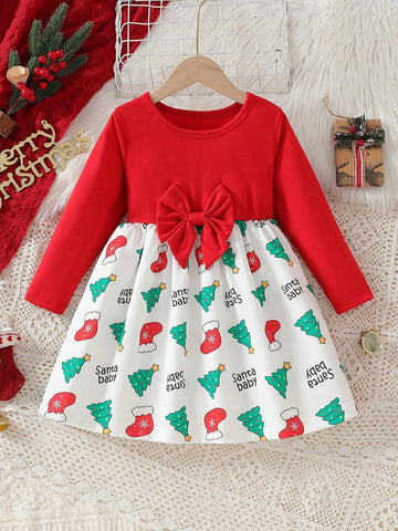 Christmas Dress For Little Girls, Fashion Red & White Contrast, Bow Decor, Christmas Themed Print, Casual Home Outfit