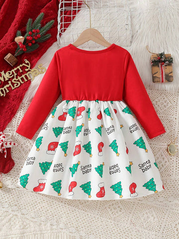 Christmas Dress For Little Girls, Fashion Red & White Contrast, Bow Decor, Christmas Themed Print, Casual Home Outfit