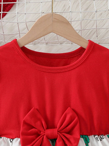 Christmas Dress For Little Girls, Fashion Red & White Contrast, Bow Decor, Christmas Themed Print, Casual Home Outfit