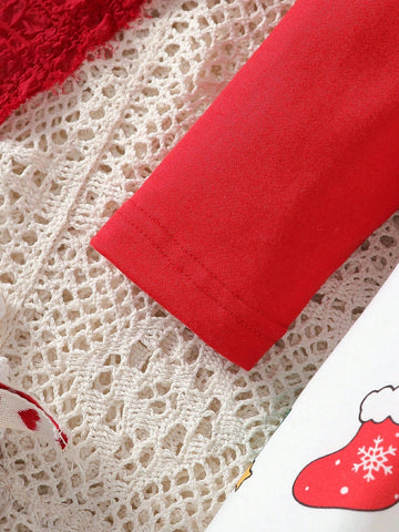 Christmas Dress For Little Girls, Fashion Red & White Contrast, Bow Decor, Christmas Themed Print, Casual Home Outfit