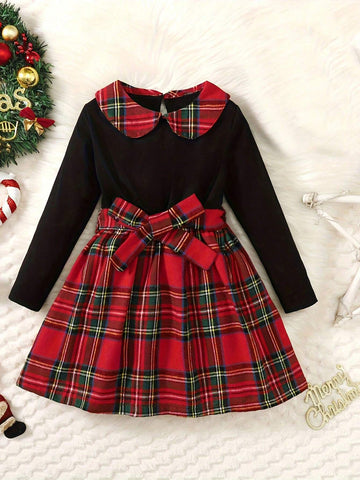 Christmas Dresse 2pcs Set Girls, Splicing Plaid Dress With Bow Belt +Plaid Beret Hat, Young Girl Clothes For Fall Party
