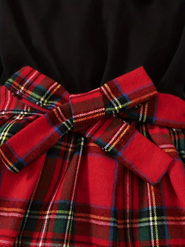 Christmas Dresse 2pcs Set Girls, Splicing Plaid Dress With Bow Belt +Plaid Beret Hat, Young Girl Clothes For Fall Party