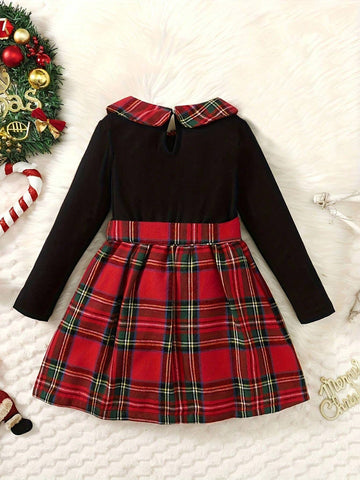 Christmas Dresse 2pcs Set Girls, Splicing Plaid Dress With Bow Belt +Plaid Beret Hat, Young Girl Clothes For Fall Party