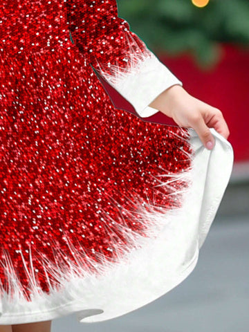 Christmas Fluffy Print Sweater Dress For Young Girls, Sweet & Elegant, Suitable For Autumn/Winter
