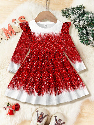 Christmas Fluffy Print Sweater Dress For Young Girls, Sweet & Elegant, Suitable For Autumn/Winter