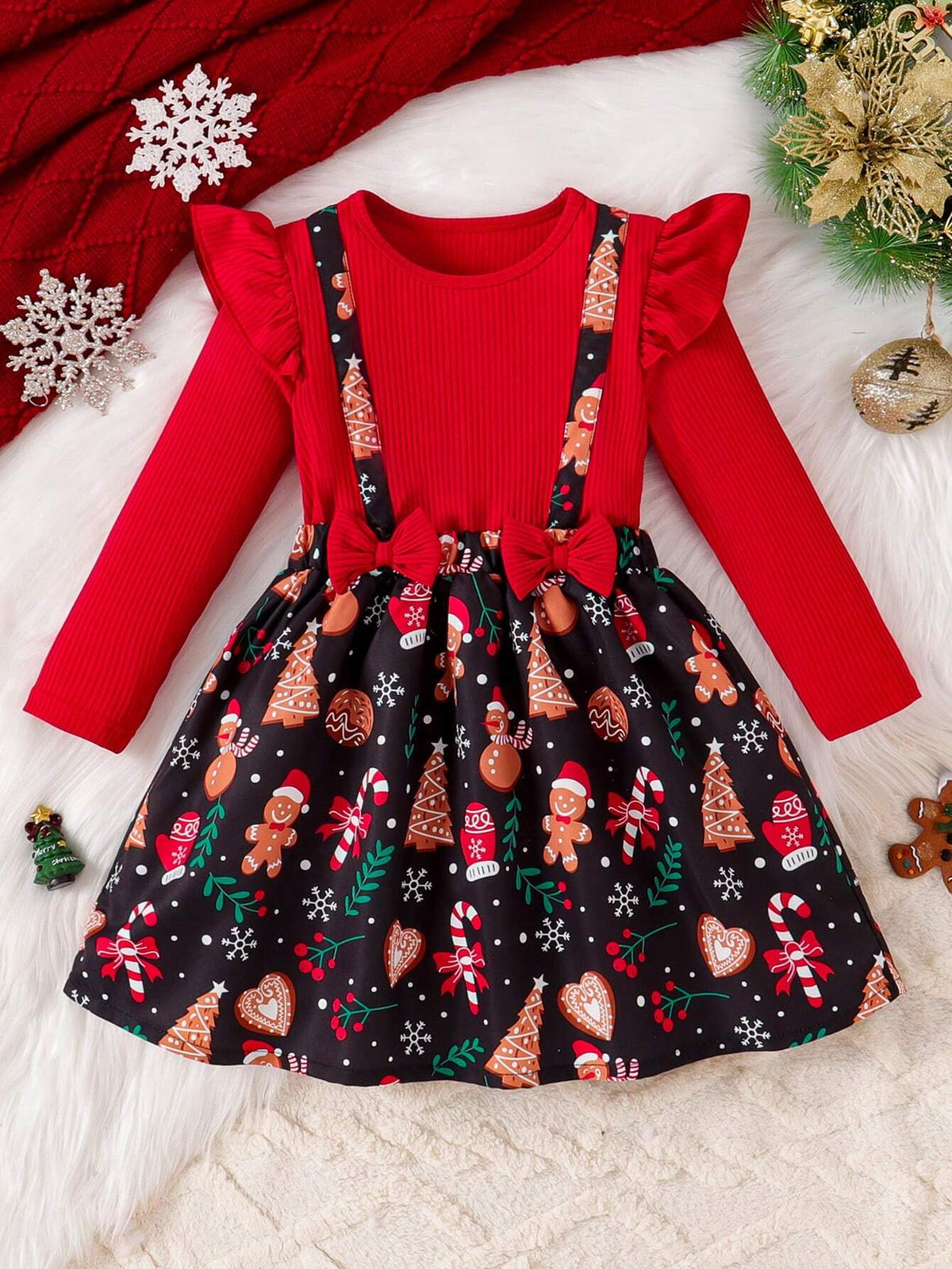 Christmas Girl Ruffled Bow Decor Snowman & Christmas Tree Print Dress