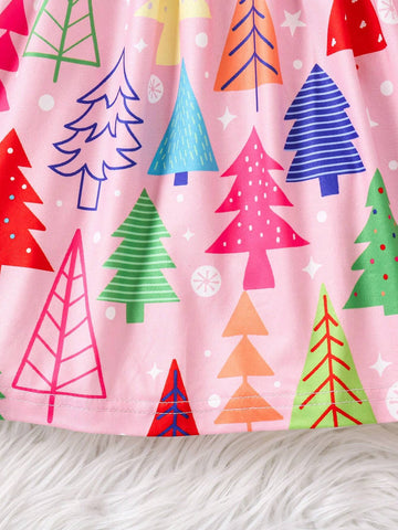 Christmas Girls Casual Long Sleeve Round Neck Christmas Tree Digital Print Dress, Textured Fabric, Comfortable & Versatile Style