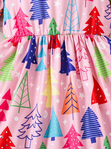 Christmas Girls Casual Long Sleeve Round Neck Christmas Tree Digital Print Dress, Textured Fabric, Comfortable & Versatile Style