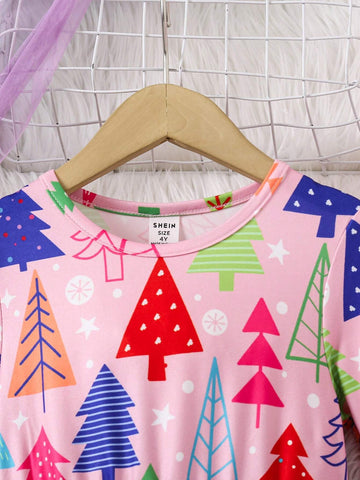 Christmas Girls Casual Long Sleeve Round Neck Christmas Tree Digital Print Dress, Textured Fabric, Comfortable & Versatile Style
