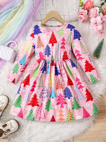 Christmas Girls Casual Long Sleeve Round Neck Christmas Tree Digital Print Dress, Textured Fabric, Comfortable & Versatile Style