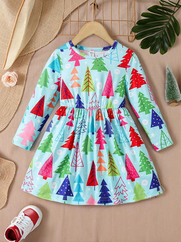 Christmas Girls Casual Long Sleeve Round Neck Christmas Tree Digital Print Textured Material Comfortable Multi-Wear Dress