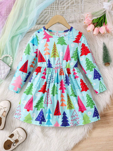Christmas Girls Casual Long Sleeve Round Neck Christmas Tree Digital Print Textured Material Comfortable Multi-Wear Dress