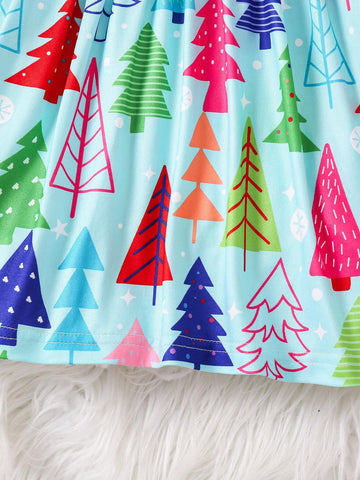 Christmas Girls Casual Long Sleeve Round Neck Christmas Tree Digital Print Textured Material Comfortable Multi-Wear Dress