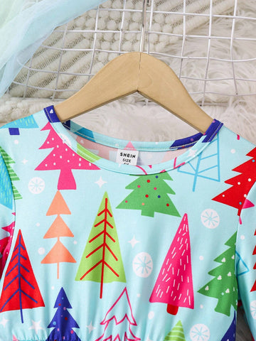 Christmas Girls Casual Long Sleeve Round Neck Christmas Tree Digital Print Textured Material Comfortable Multi-Wear Dress