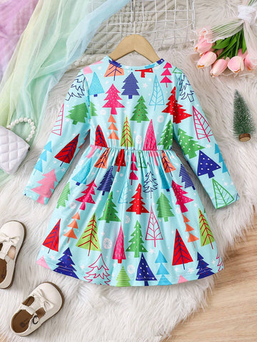 Christmas Girls Casual Long Sleeve Round Neck Christmas Tree Digital Print Textured Material Comfortable Multi-Wear Dress
