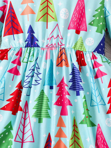 Christmas Girls Casual Long Sleeve Round Neck Christmas Tree Digital Print Textured Material Comfortable Multi-Wear Dress