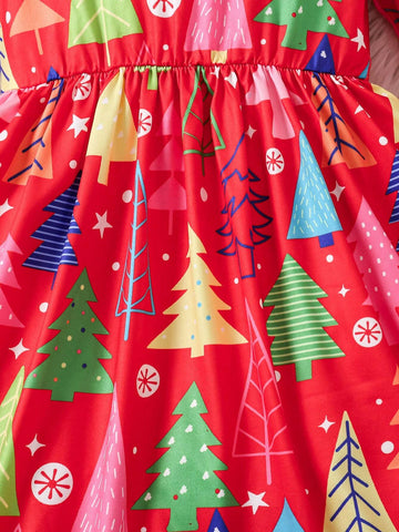 Christmas Girls Casual Long Sleeve Round Neck Christmas Tree Print Dress, Textured Fabric, Comfortable And Versatile Dress