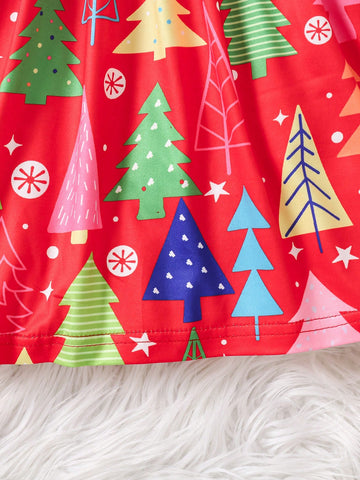 Christmas Girls Casual Long Sleeve Round Neck Christmas Tree Print Dress, Textured Fabric, Comfortable And Versatile Dress