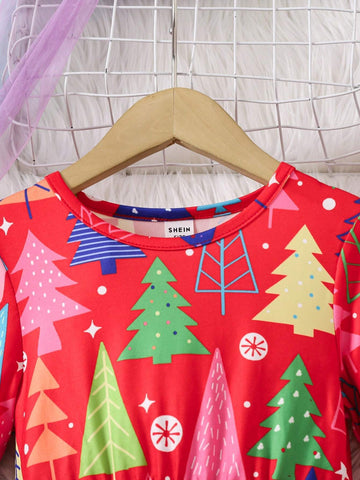 Christmas Girls Casual Long Sleeve Round Neck Christmas Tree Print Dress, Textured Fabric, Comfortable And Versatile Dress