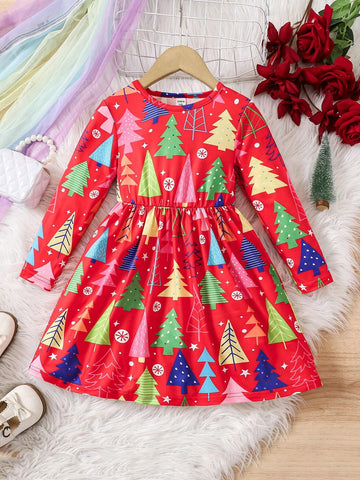 Christmas Girls Casual Long Sleeve Round Neck Christmas Tree Print Dress, Textured Fabric, Comfortable And Versatile Dress