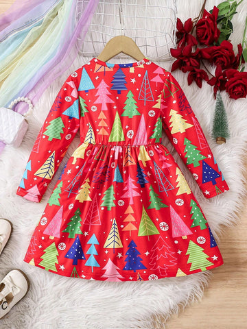 Christmas Girls Casual Long Sleeve Round Neck Christmas Tree Print Dress, Textured Fabric, Comfortable And Versatile Dress
